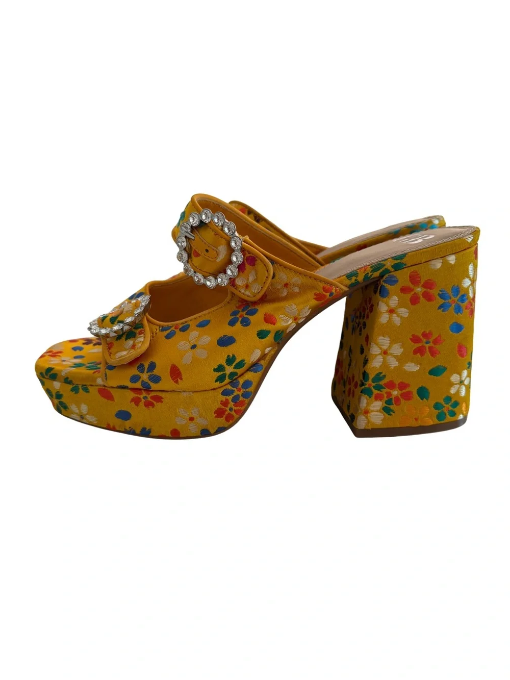 Gianni Bini Ulti-Mate Floral Rhinestone Platform Heels 9.5 Retro 70s Yellow